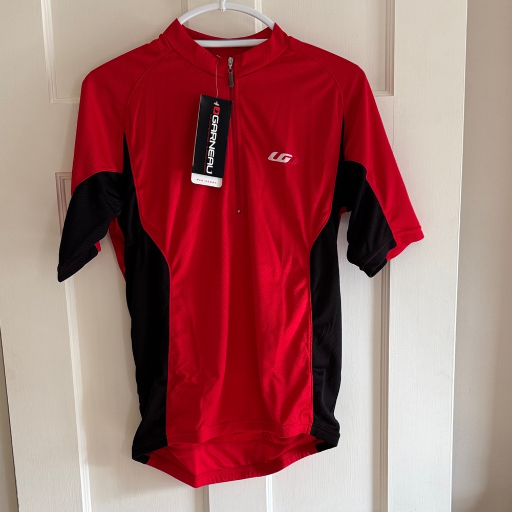 🚴 Men’s Garneau Tirreno red/black biking jersey. Size S.